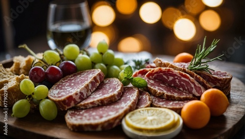 A delicious charcuterie assortment with cured meats, grapes, cheese, and wine, perfect for social gatherings or a gourmet appetizer