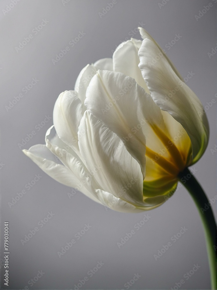 A single white tulip stands out strikingly against a muted grey backdrop, highlighting its delicate petals and elegant form