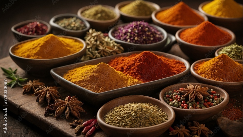 Vibrant collection of spices and herbs in various bowls spread on a dark wooden rustic table, showcasing variety of colors and textures