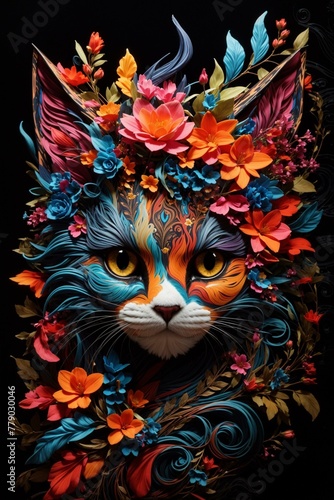 Detailed and vibrant illustration of a cat's face adorned with a myriad of colorful flowers, exuding creativity and artistic flair