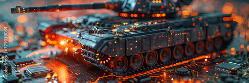 Closeup on a Military Tank on a Powerful Computer,
Modern futuristic battle tank with turret and cannon in city photo