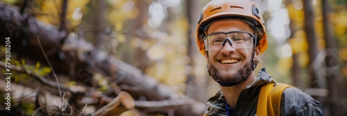 Male lumberjack woodcutter in safety glasses and a helmet with a saw in his hands against the background of a cut tree photo
