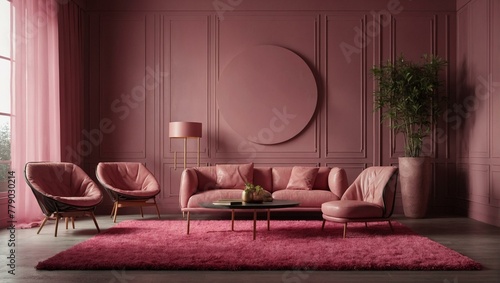 A luxurious living room boasting pink furniture with stylish lamp and plants against paneled walls © ArtistiKa