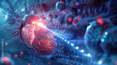 Hyper-realistic scene of nanobots constructing a bio-compatible implant in the heart, under a focused beam of light, 3D illustration