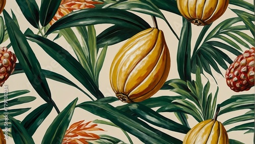 Rich and vibrant botanical painting featuring cacao pods and pineapple with lush green leaves photo