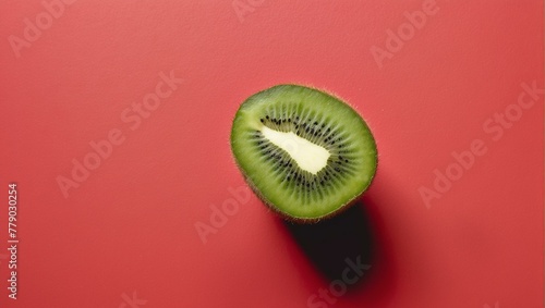 A vibrant top view image of a freshly halved kiwi with its details against a red background photo