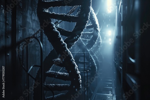 Hyper-realistic view of a cryogenic chamber where DNA is stored and replicated, with frost adding to the moody ambiance, 3D illustration