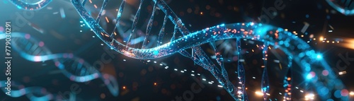 Realistic image of a holographic DNA strand twisting and replicating in the air of a dimly lit research facility, 3D illustration photo