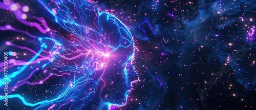 Neon blue and purple circuits interweaving to create a digital brain