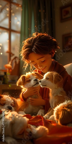 Girl Surrounded by Beloved Canine Companions in Cozy Home Setting