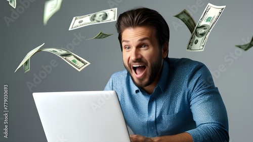 success man with laptop and falling money, earn money from internet