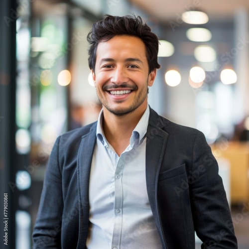 Smiling Hispanic businessman 30-40 years old, active business man in front of his office