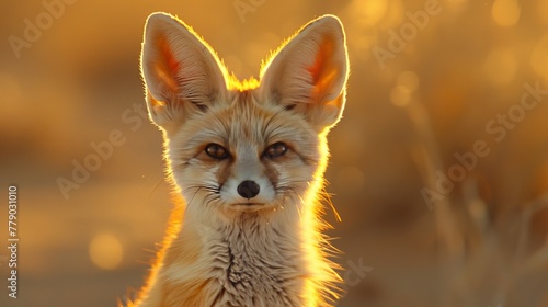 Close up of fennec fox with large ears and sandy fur in desert environment at golden hour