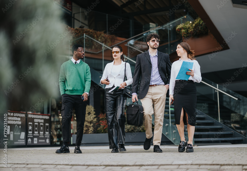 Diverse group of business professionals engaged in a discussion about market strategies outside a contemporary office setting. Diverse group of business professionals engaged in a discussion about market strategies outside a contemporary office setting.