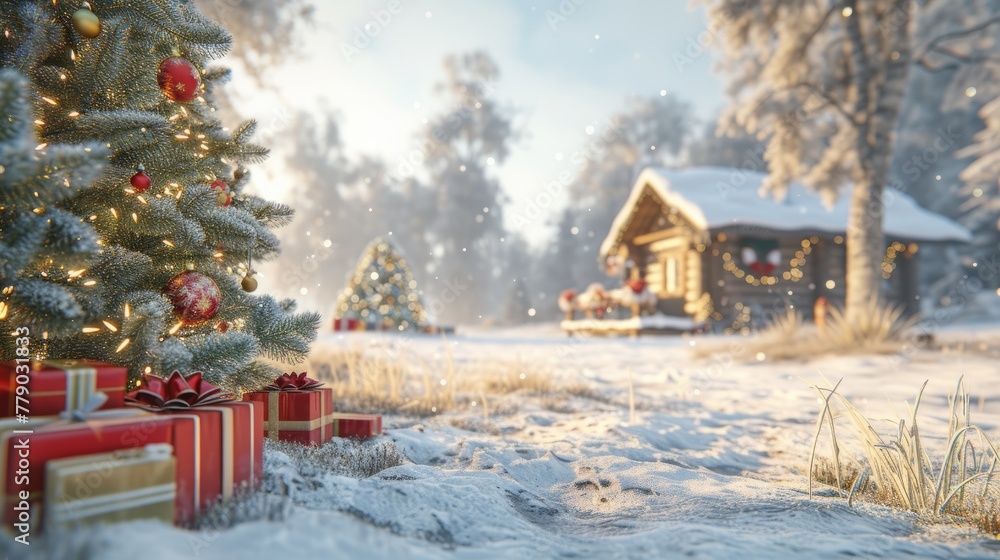 A snowy Christmas landscape with a cabin in the distance and a decorated Christmas tree in the foreground. A snowy Christmas landscape with a cabin in the distance and a decorated Christmas tree in the foreground.