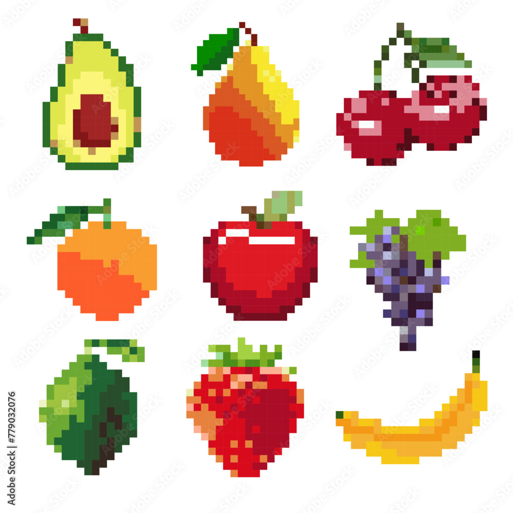 Fruits icons set. Pixel art. Old school computer graphic style. Games elements. Embroidery. Fruits icons set. Pixel art. Old school computer graphic style. Games elements. Embroidery.