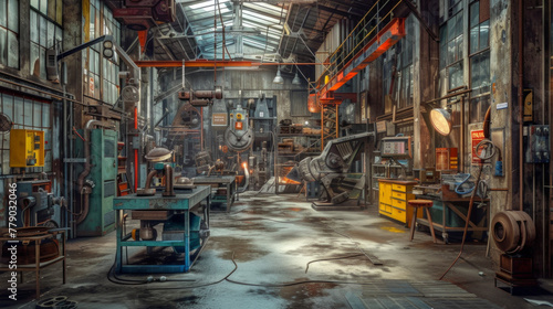 A busy metal fabrication workshop with welding stations and cutting tools, currently idle but ready to shape metal into various structures and components