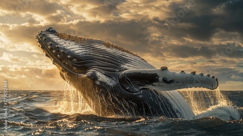 Majestic humpback whale breaching ocean surface in sunlight capturing scale and power