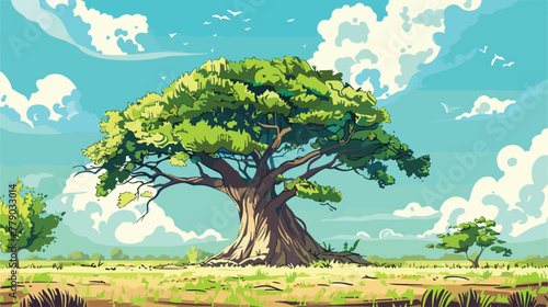 Vector cartoon illustration of a tree in the meadow