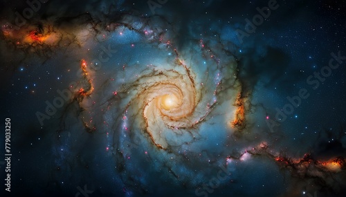 a colourful spiral galaxy in deep space. A view from space to a spiral galaxy and stars. Universe filled with stars, nebula and galaxy