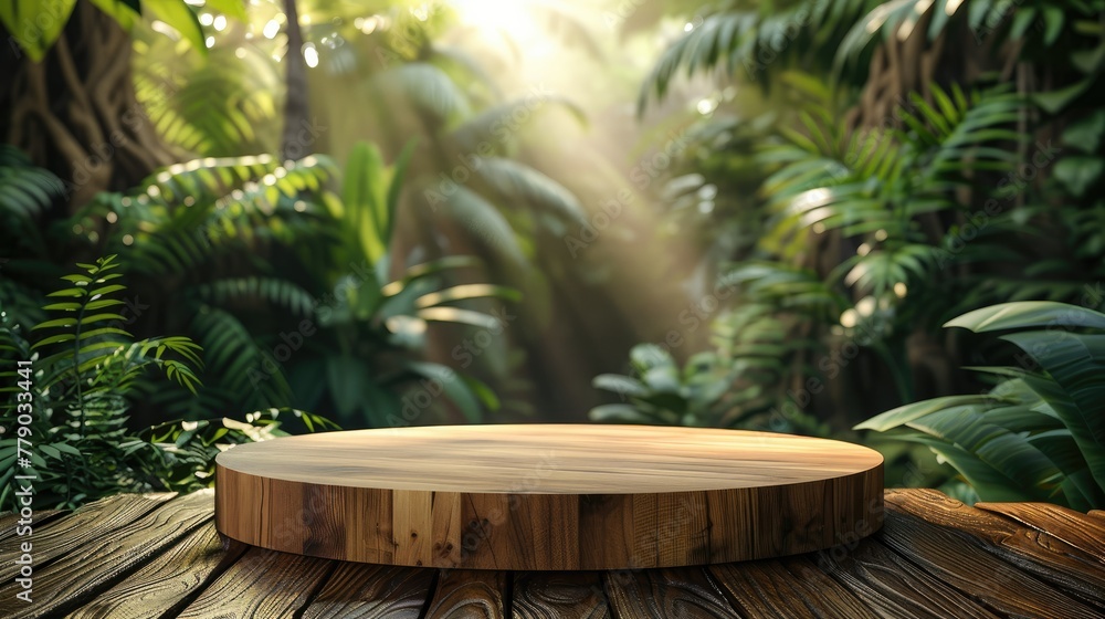 Wooden podium in tropical forest for product presentation and green background. Generative AI.