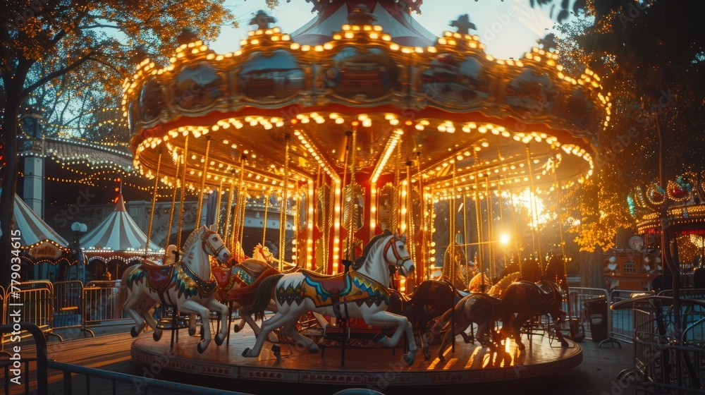 Vintage circus parade scene with a detailed, ornate carousel, golden hour lighting