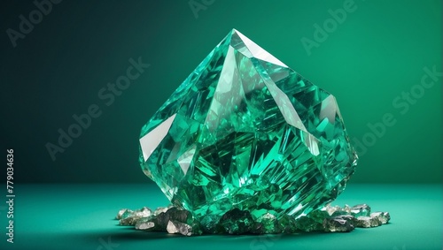 An eye-catching image of a colossal emerald gemstone glistening against a solid teal backdrop