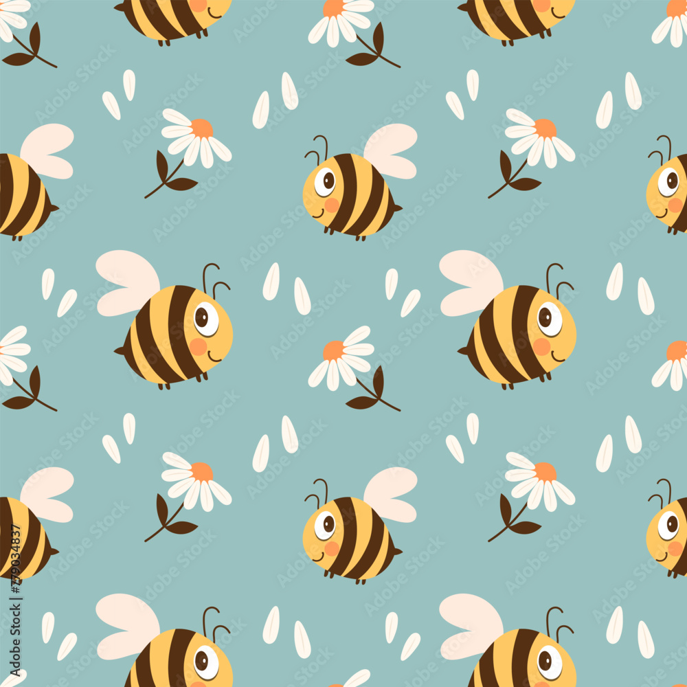 Seamless pattern with cute bee and chamomile flowers on a pastel background. Vector