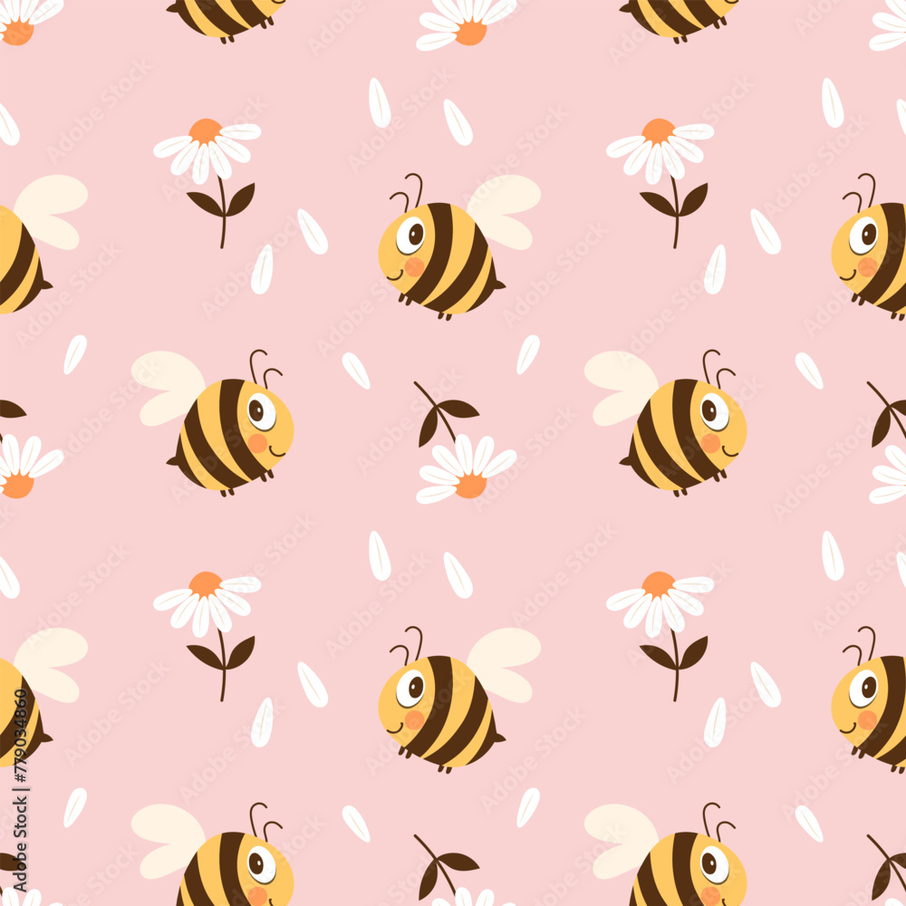 Seamless pattern with cute bee and chamomile flowers on a pastel background. Vector - obrazy, fototapety, plakaty 