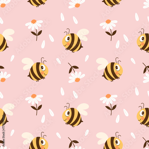 Seamless pattern with cute bee and chamomile flowers on a pastel background. Vector © Tatiana