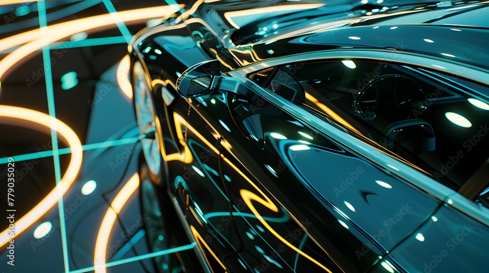 Intimate Glimpse of Futuristic Electric Car's Reflective Surface with Charging Cable Intimate Glimpse of Futuristic Electric Car's Reflective Surface with Charging Cable