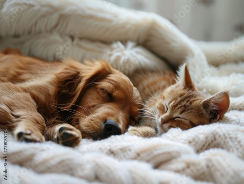minis, Gatto e cane golden retriever  neonati che dormono insieme. Cuccioli di cane e gatto che dormono insieme su sfondo bianco di appartamento  , primo piano di cuccioli photo