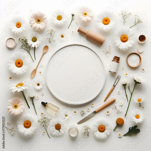 Creative layout made of daisies and green leaves. Flat lay, top view generated by ai