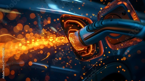 Intense Detail of Electric Vehicle Charging Cable Connector with Conceptual Electricity Sparks