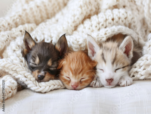 minis, Gatto e cane neonati che dormono insieme. Cuccioli di cane e gatto che dormono insieme su sfondo bianco di appartamento  , primo piano di cuccioli photo