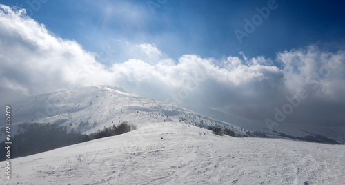 Panorama landscape of Vysokyi Verkh (High Top) mountain in Ukraine