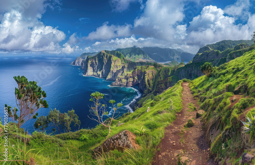 A panoramic view of the green cliffs and ocean on Madeira, with blue sky and white clouds overhead