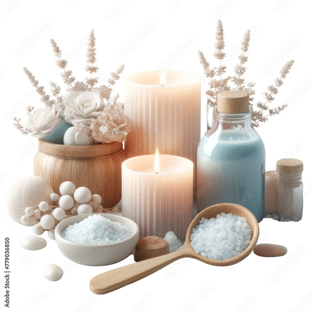 3D render A white and blue candle set with a wooden spoon and a bottle of blue liquid, 3D render, isolated on a transparent background 3D render A white and blue candle set with a wooden spoon and a bottle of blue liquid, 3D render, isolated on a transparent background