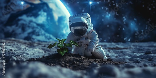 realistic photo of a closeup of a plant planted by astronaut in special costume on blue moon surface, surrounded by star glow, earth on background, and cinematic blue-dark lighting on the DSL camera