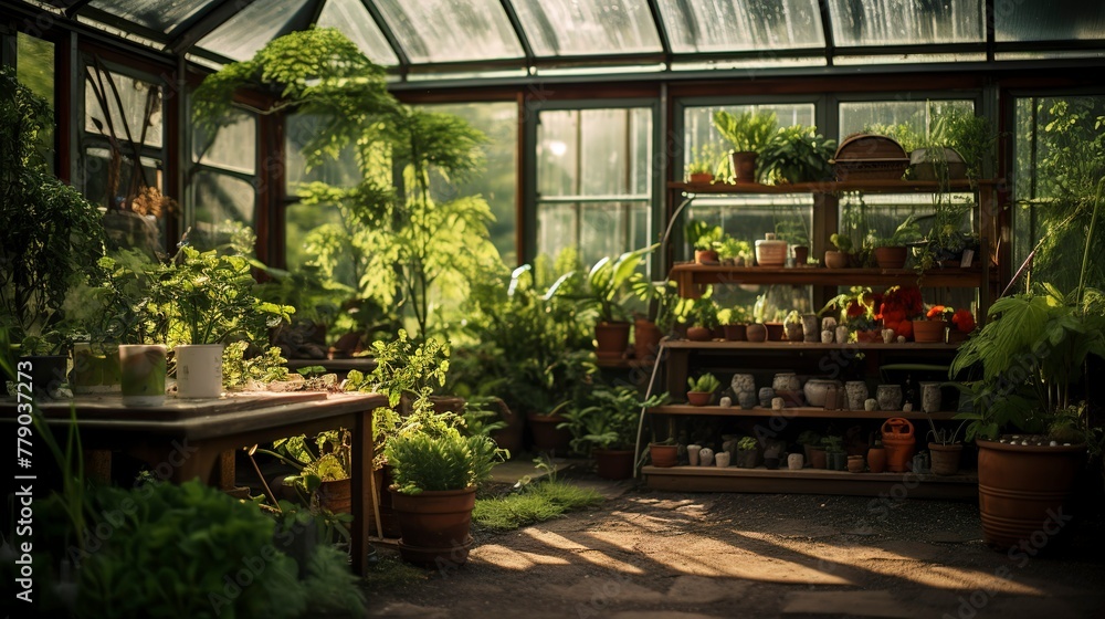 A photo of a backyard greenhouse with plants.