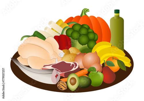 Dieta mediterránea con frutas, verduras, hortalizas, carnes, pescados, frutos secos y aceite de oliva virgen extra