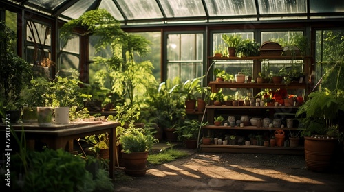 A photo of a backyard greenhouse with plants.