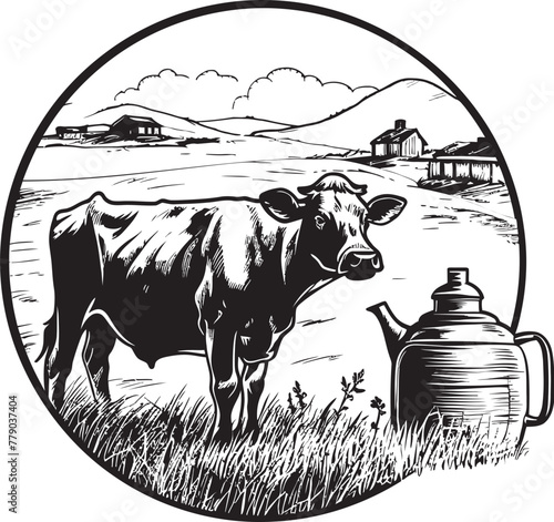 Organic Oasis Cow, Milk Can, and Grass Farm Emblem Meadow Milk Marvel Cow, Milk Can, and Grass Vector Design
