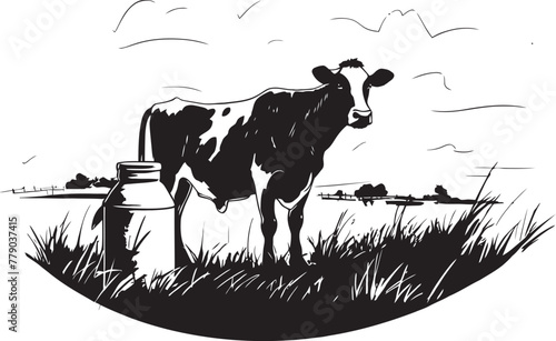 Grazing Goodness Grass Farm Icon Featuring Cow and Milk Can Dairy Dreamland Vector Logo Design with Cow, Milk Can, and Green Pastures