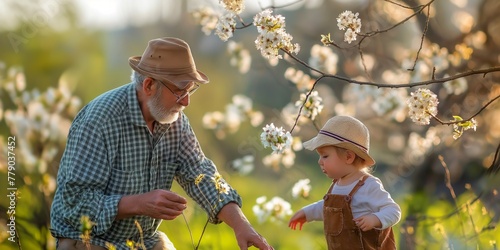 A senior grandfather and toddler grandson are standing in nature in spring. photo