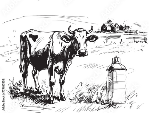 Green Grazing Galore Grass Farm Icon Featuring Cow and Milk Can Fresh Farm Flavors Vector Logo with Cow, Milk Can, and Verdant Grass