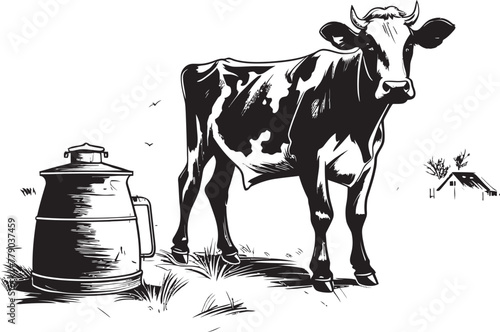 Utterly Delicious Cow, Milk Can, and Grass Farm Vector Logo Wholesome Harmony Vector Logo Design with Cow, Milk Can, and Serene Grass Farm