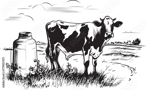 Pasture Perfection Cow and Milk Can Emblem on Flourishing Grass Farm Bountiful Bovine Bounty Cow, Milk Can, and Grass Vector Logo