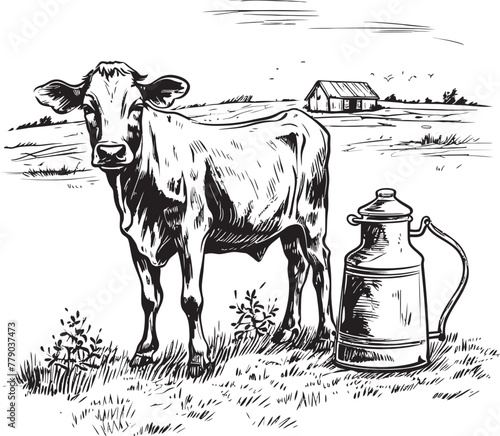 Rural Riches Cow and Milk Can Emblem in Picturesque Grass Farm Setting Green Grazing Galore Grass Farm Icon Featuring Cow and Milk Can
