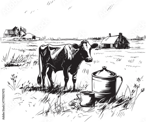 Lush Meadows Dairy Cow, Milk Can, and Grass Emblem in Vector Logo Blissful Bovine Haven Cow, Milk Can, and Grass Vector Design